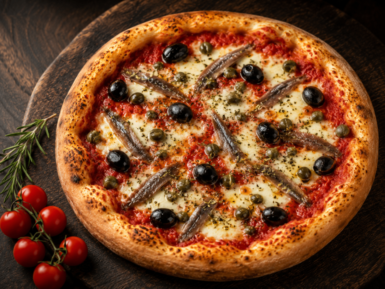 Napolitaine — Tomate, fromage, anchois, câpres, origan, olives